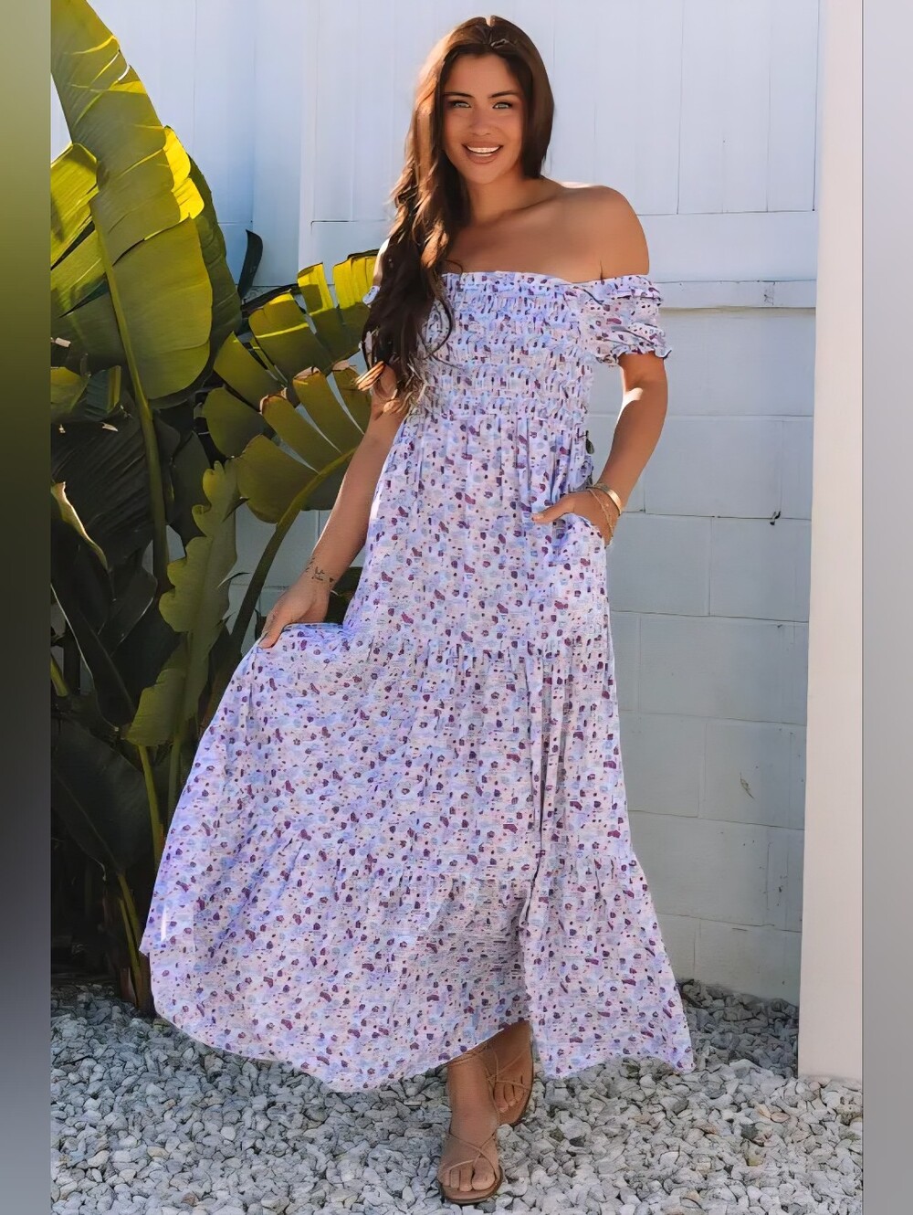 Purple Floral Off-Shoulder Square Neck Maxi Dress